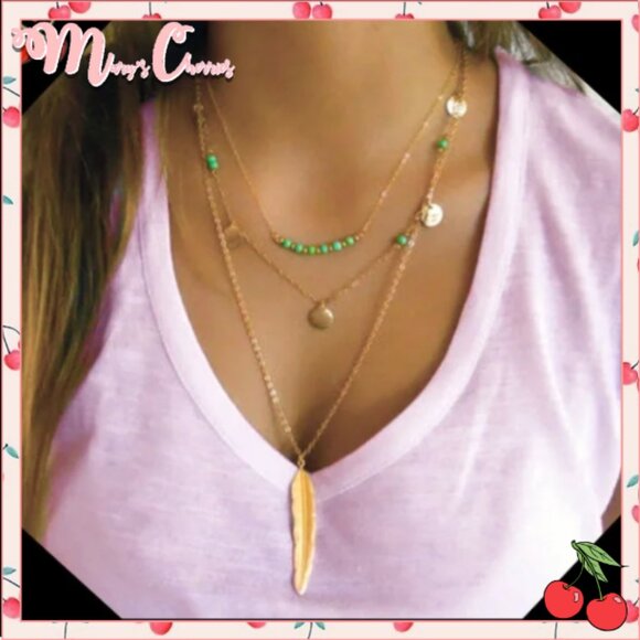 🍒 TEAL Layered Feather Sequin Necklace - Picture 1 of 5